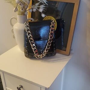 Black Patent Chain-Accent Shoulder Bag